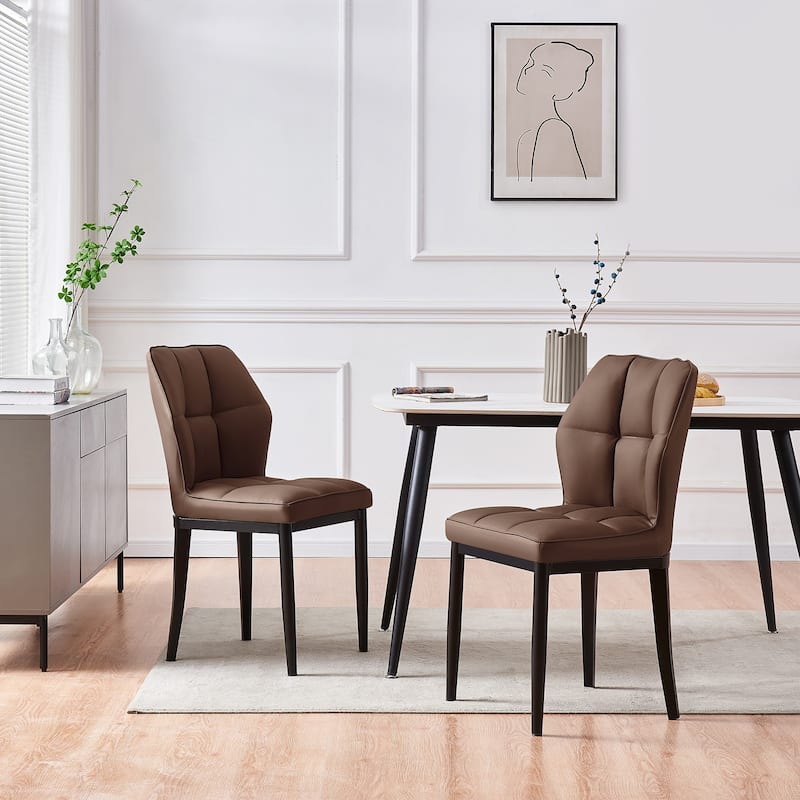 Checkered Faux Leather Upholstered Dining Chairs, Set of 2/4 - 33.7"H x 17.4"W x 17.4"D - Set of 2 - Brown