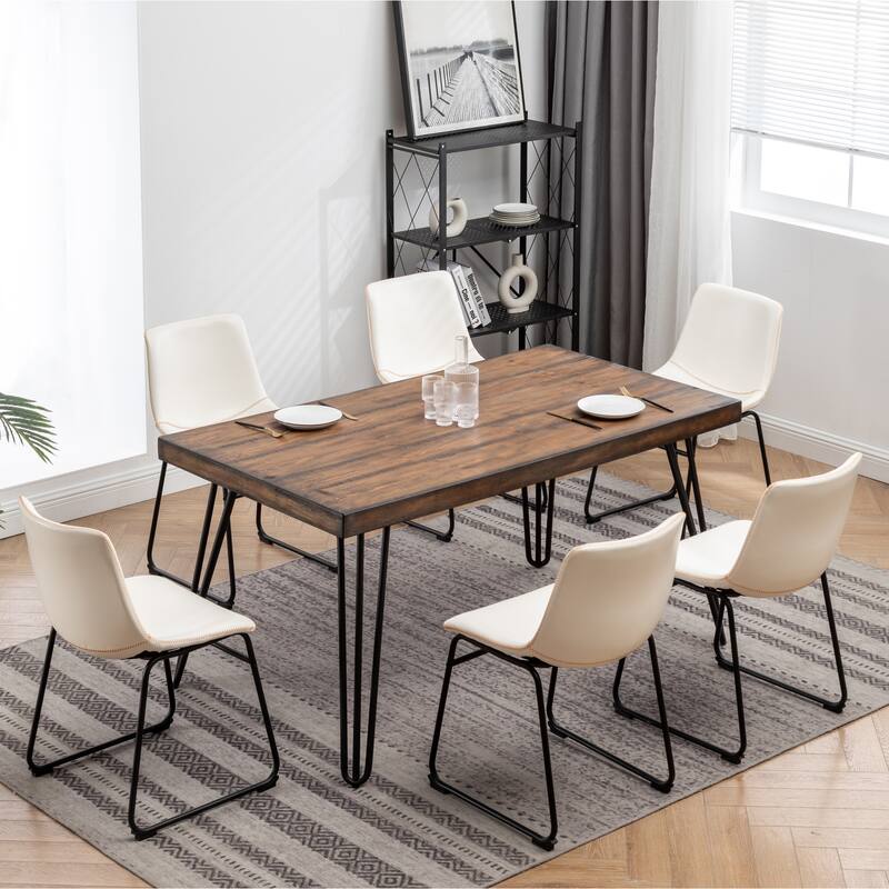 Industrial Style 7-Piece Dining Set with Rectangular Table and 6 Faux Leather Upholstered Dining Chairs