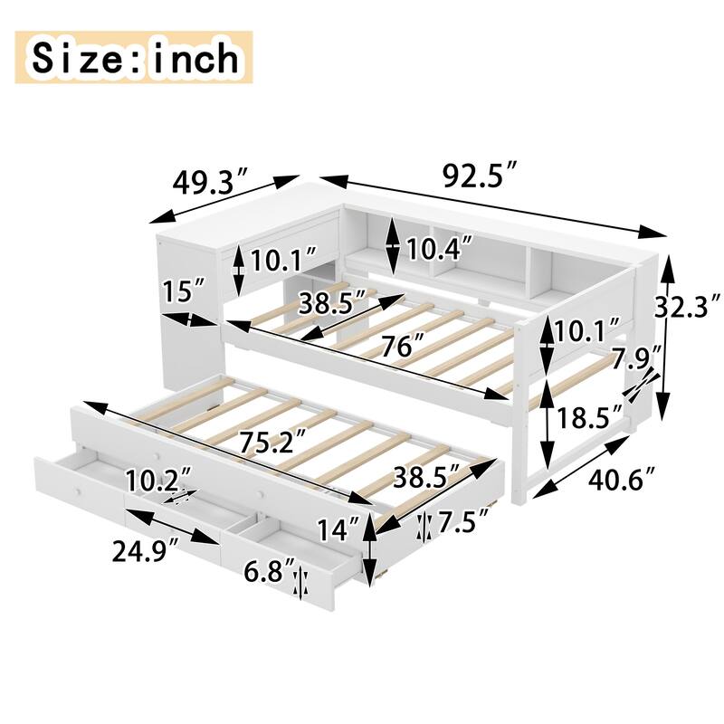 Roomfitters Twin/Full Size Wood Daybed with Trundle, Storage Drawers, Side Shelves & Built-in Desk, No Box Spring Needed