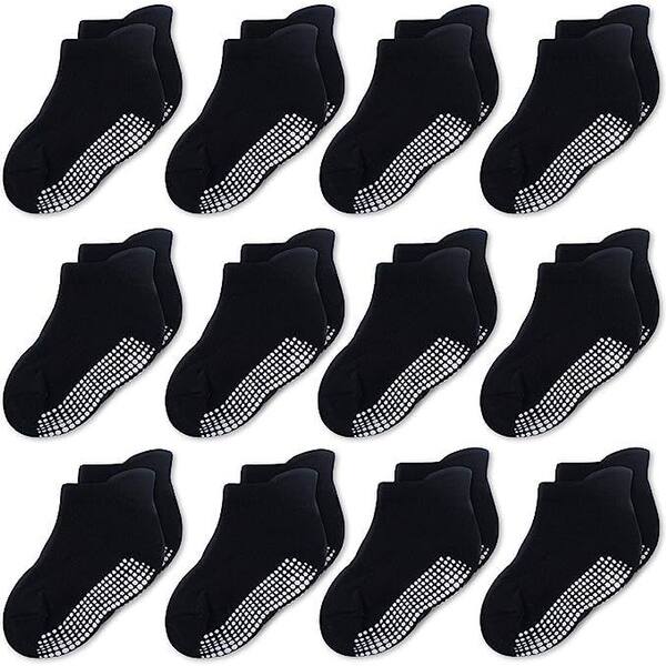 slide 2 of 6, CozyWay Ankle Style Socks with Grippers, 12 Pack, Solid Black, 0-6 Months, Unisex