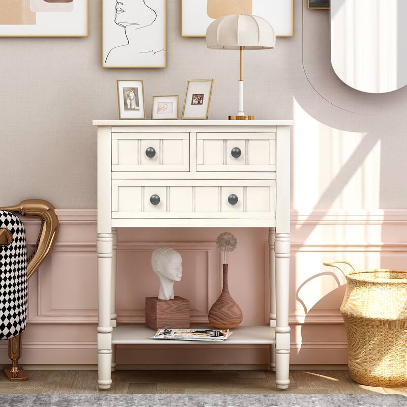 Narrow Console Table, Slim Sofa Table with Three Storage Drawers and Bottom Shelf - Ivory