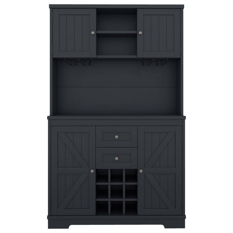 Anmytek Dark Blue Farmhouse Coffee Bar Cabinet, Kitchen Buffet with Wine Storage and Glass Racks