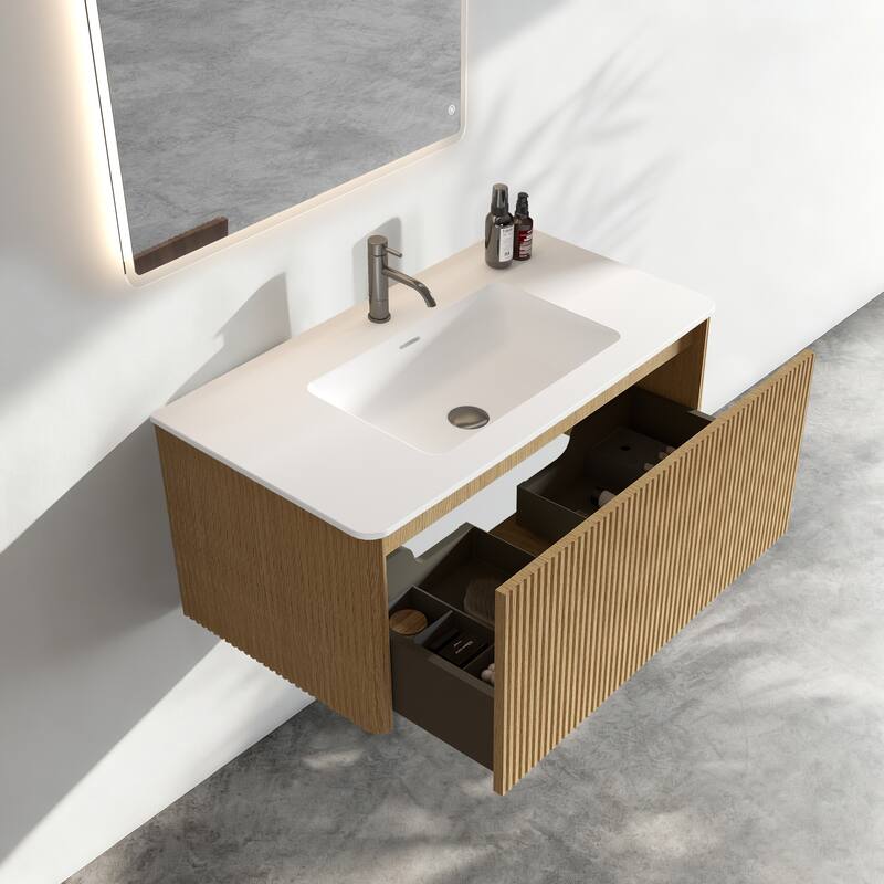 GDFStudio - Etna Floating Bathroom Vanity with Integrated Ceramic Sink, Modern Handle-Free Wall-Mounted Design, Pre-Assembled