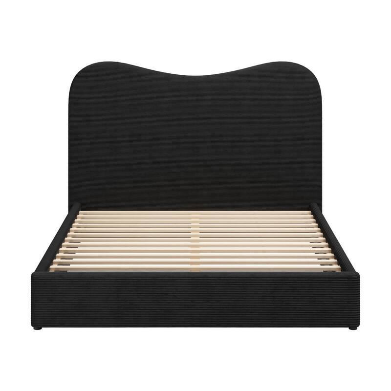 HomeRoots Black Ribbed Texture Velvet Upholstered Queen Bed Frame