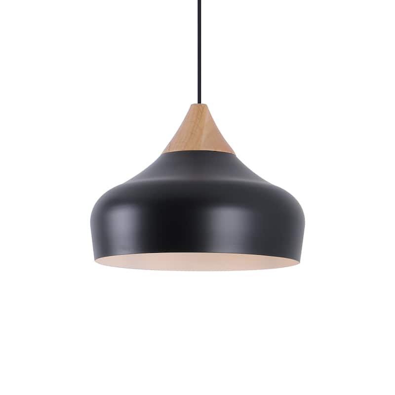 Aurora 13 in. 60-Watt 1-Light Pendant Light with Metal Round Shade and Natural Rubber Wood Top - Black