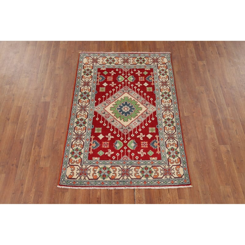 Red Geometric Kazak Accent Rug Hand-Knotted Traditional Wool Carpet - 3'4" x 4'10"