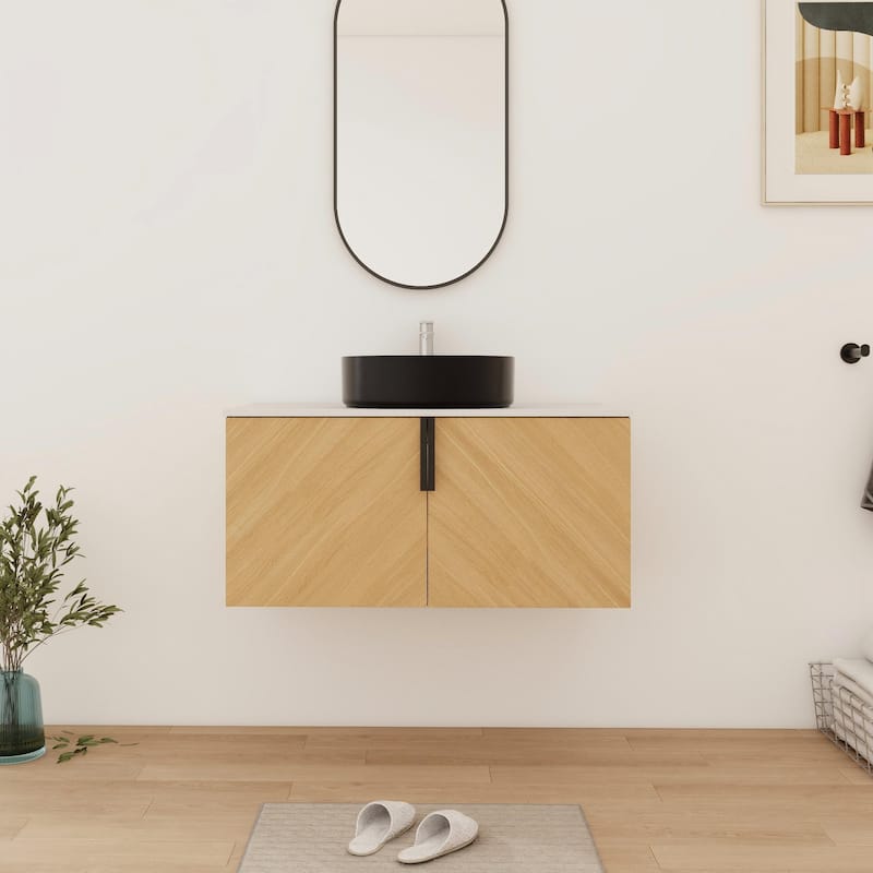 Bathroom Vanity With Sink In 30/36 Inch, Floating Bathroom Vanity With 2 Soft Close Doors - 35.44''W×18.88''D×21.8''H - Beige-Matt Black Sink