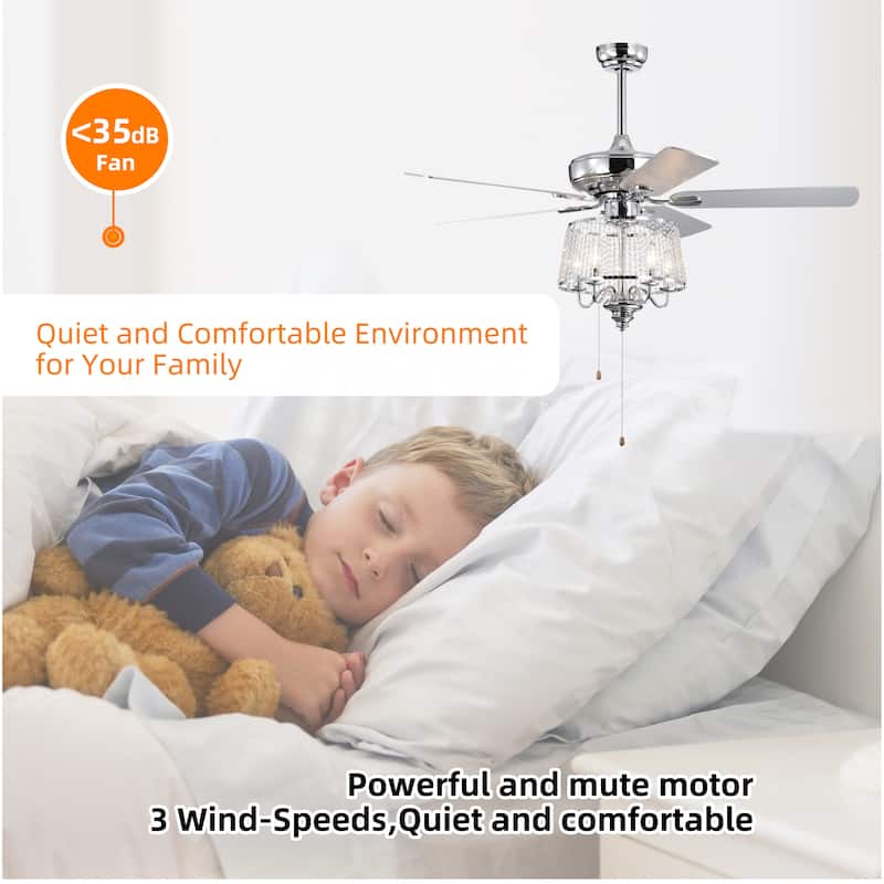 52 Inch Crystal Ceiling Fan , Modern Electrical Fan with 5 Wood Reversible Blades