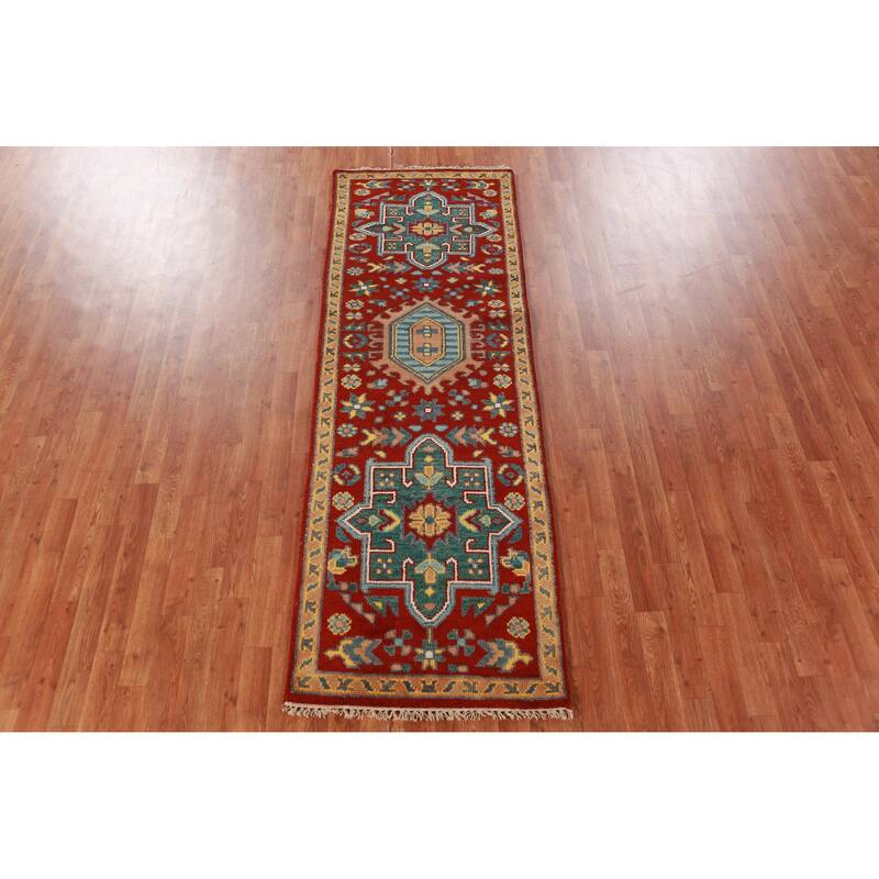 Red Geometric Khotan Indian Runner Rug Hand-Knotted Wool Carpet - 2'7"x 7'8"