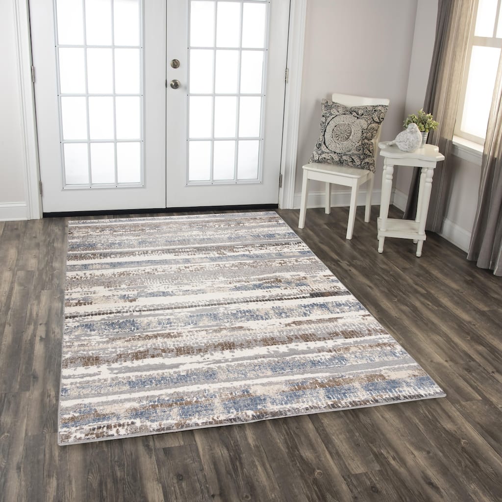 Alora Decor Sage Modern Contemporary Stripe Blue/Brown Wool Area Rug