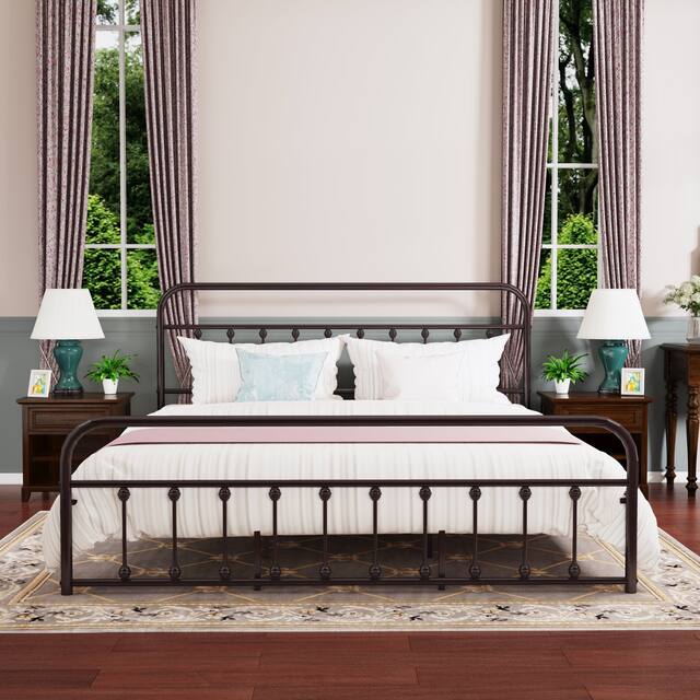Alazyhome Simple Vintage Metal Platform Bed Frame, Easy-Assembly - Brown - King