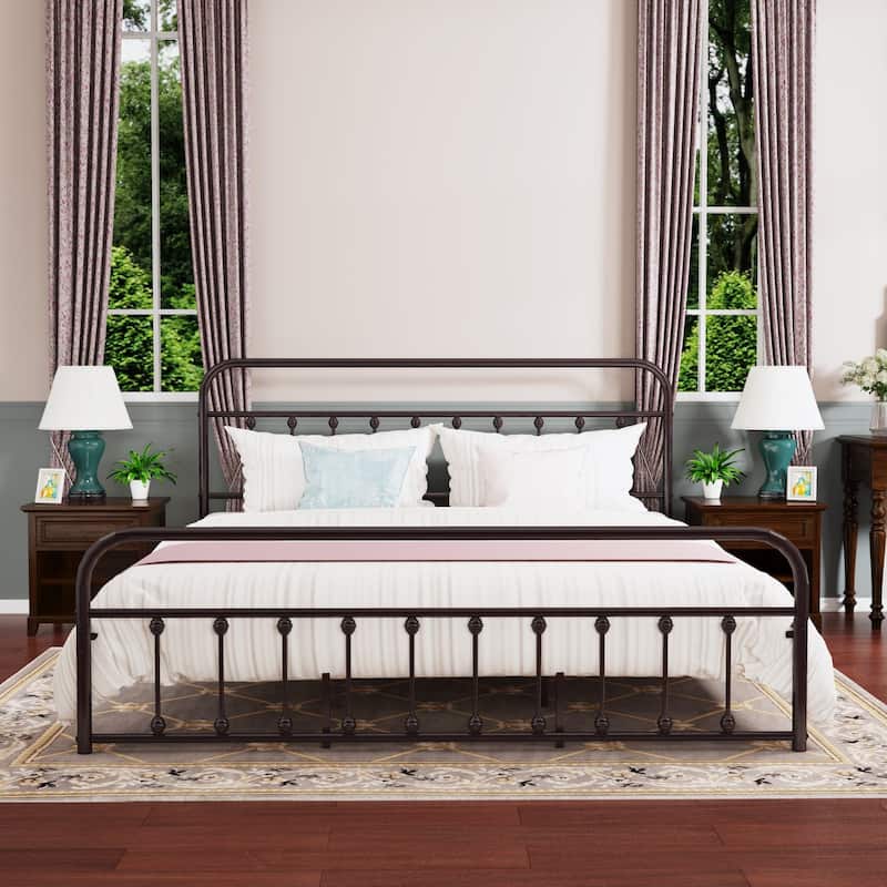 Alazyhome Simple Vintage Metal Platform Bed Frame, Easy-Assembly - Brown - King