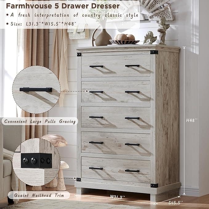 Farmhouse 5 Drawers Dresser, Wood Chest of Drawers, Closet Dresser