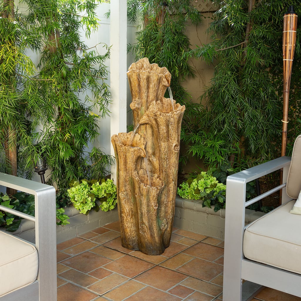 Alpine Corporation 47" Tall Outdoor 3-Tier Cascading Tree Bark Water Fountain with LED Lights