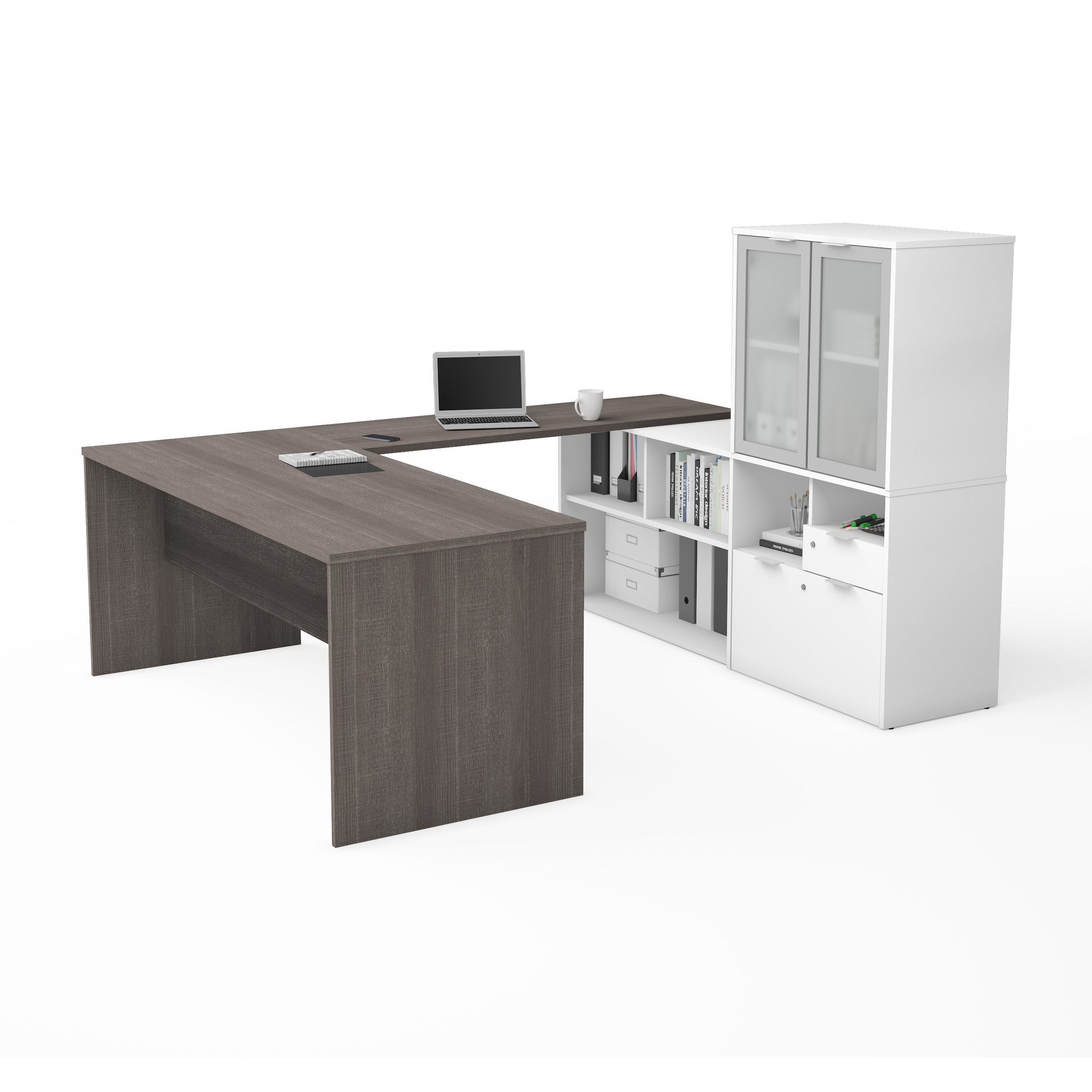 Bestar i3 Plus U-Desk with Frosted Glass Door Hutch