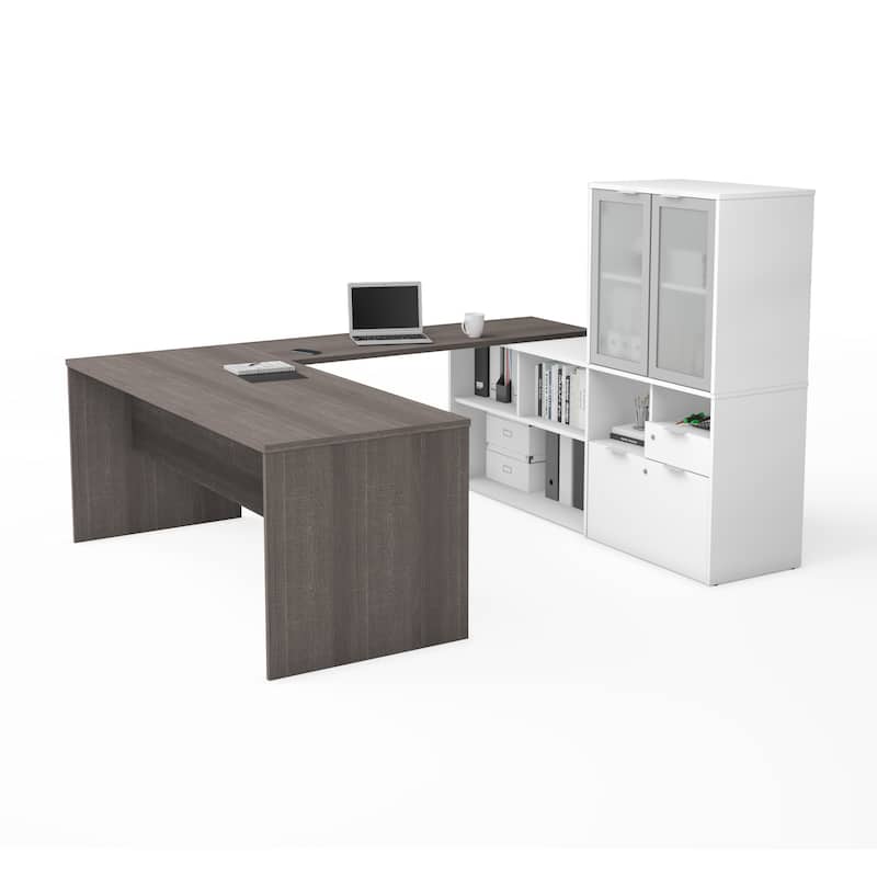Bestar i3 Plus U-Desk with Frosted Glass Door Hutch - Bark Gray & White