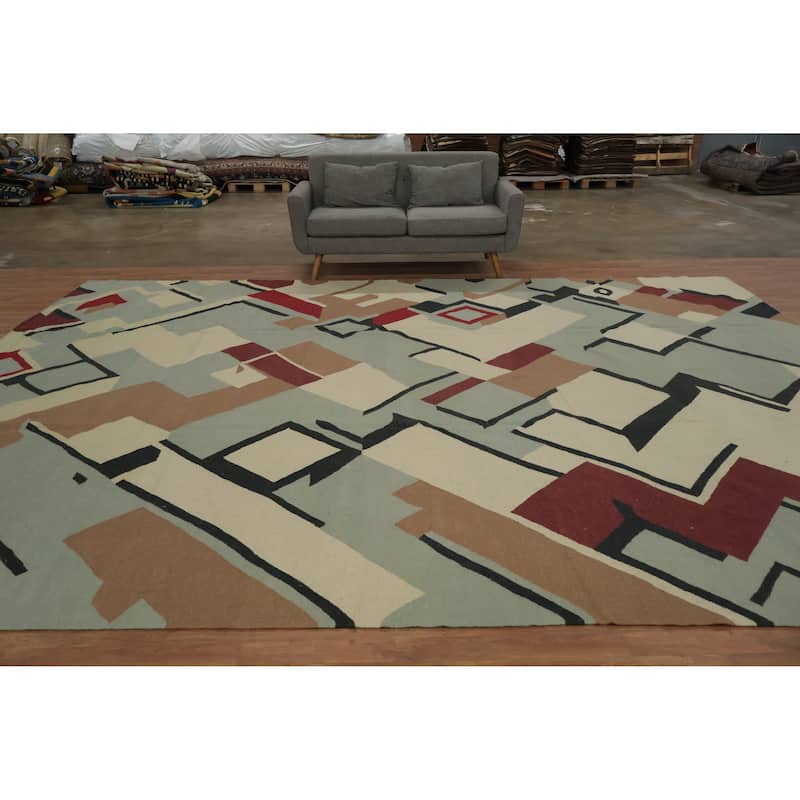 Hand Woven Oriental 100% Wool Carpet Southwestern Modern Greys & Charcoal Kilim Area Rug - 15' 3'' X 11' 11''