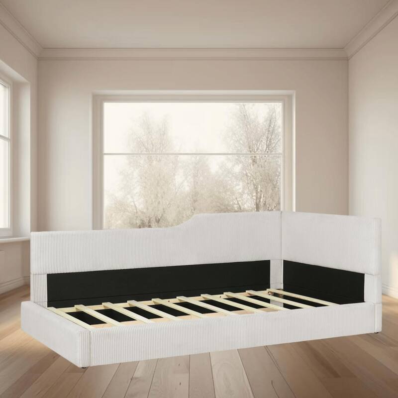 Twin Size L-Shaped Daybed, Sofa Bed with Corduroy Upholstery, Elegant, Versatile Seating for Bedrooms or Guest Rooms - Beige - Twin