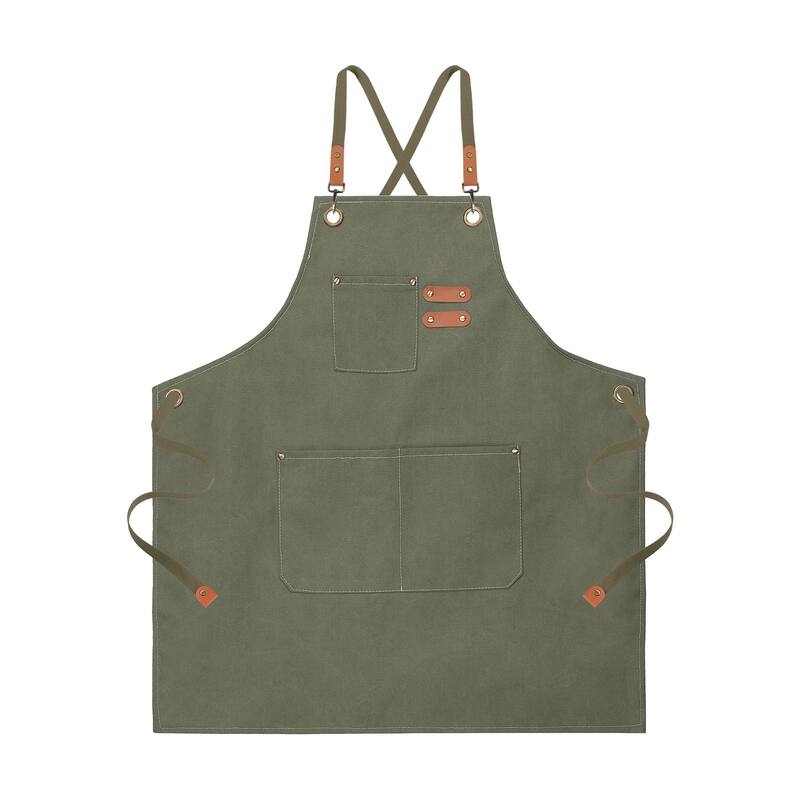 Canvas Chef Aprons 78x68cm Cross Back Kitchen Apron 3 Pockets - Green
