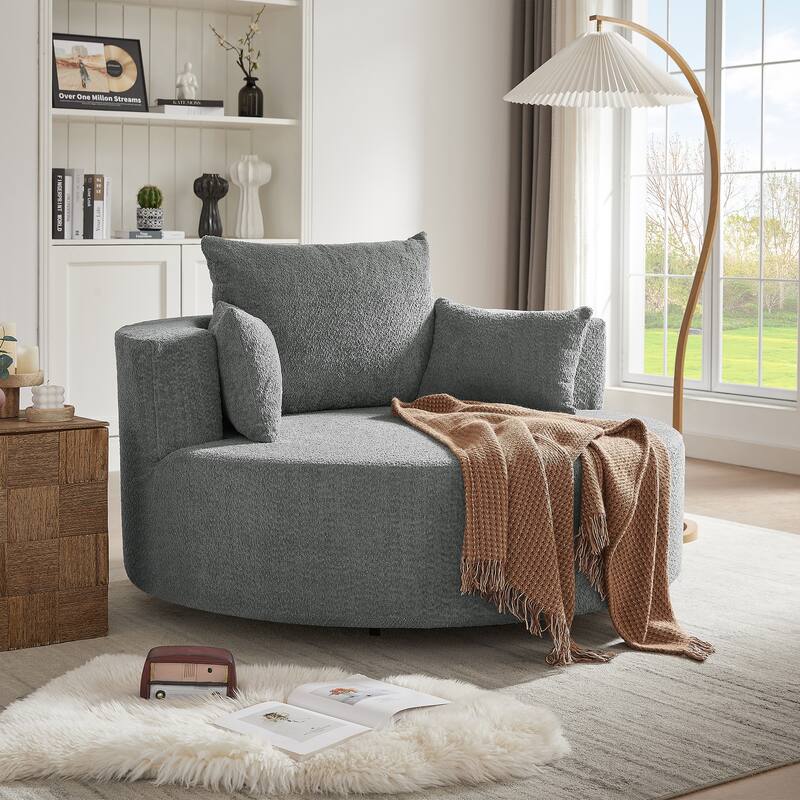 56"W Oversized Swivel Round Lounge Chair, Modern Chenille Accent Chair with 3 Pillow, Upholstered Single Sofa Chair