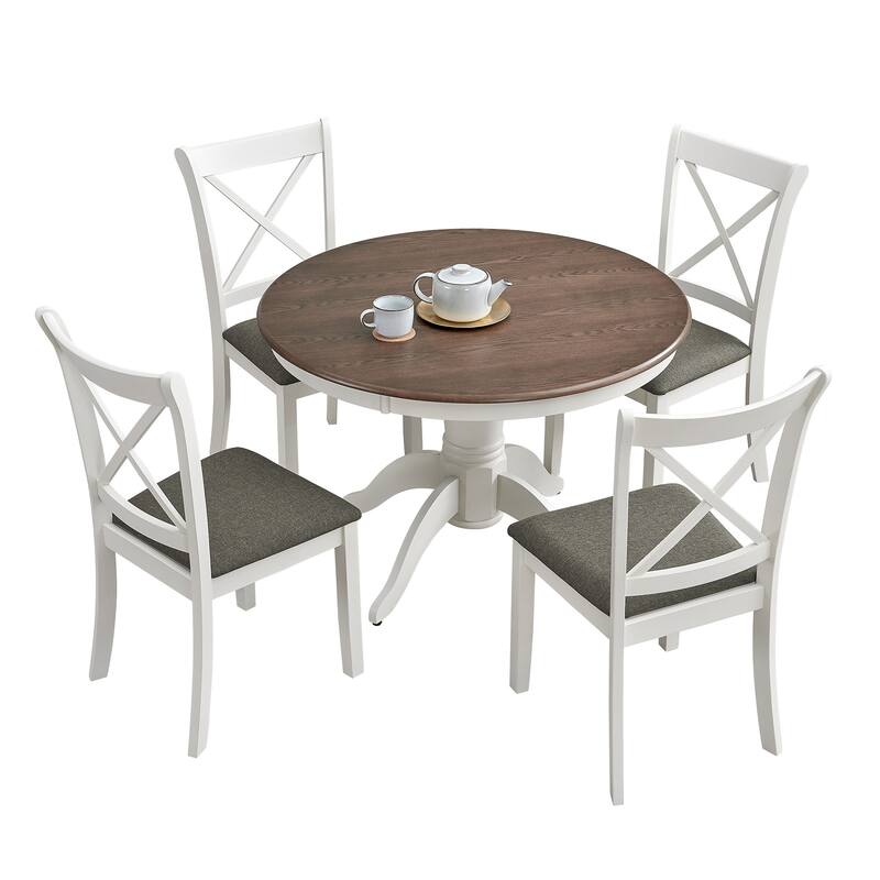 (1 Table with 4 Chairs)Wooden Dining Table Set for 4 Persons, Modern Design Round Kitchen Table with Curved Trestle Legs - Cream