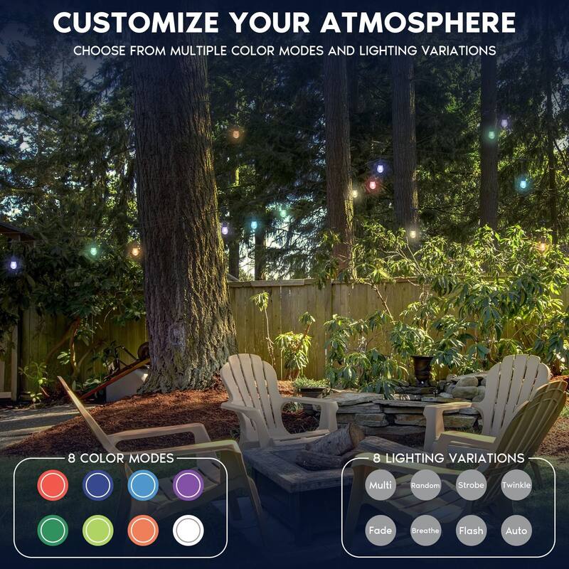 Luxrite 35FT RGBW LED Outdoor Solar String Lights, Remote Control, Commercial Grade, 15 S14 Shatterproof Bulbs, IP65 - 35 FT
