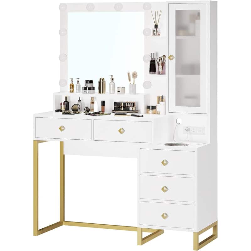 Vanity Desk with Mirror and Lights 5 Drawers and Storage Shelves