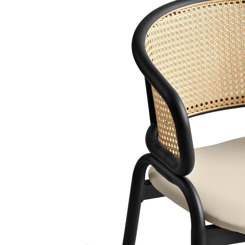 LeisureMod Set of 2 Modern Leather Dining Chair with Wicker Back & Black Steel Frame - Accent Side Armchair for Home Furniture