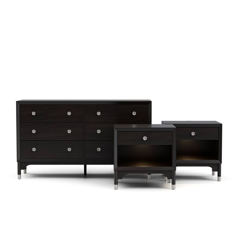 Furniture of America Forma Mid-Century Modern 3-Piece Balck Dresser and 2 Nightstand Bedroom Set