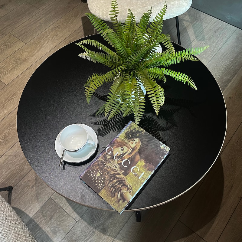 Round Coffee Table Wood Grain and Black Metal