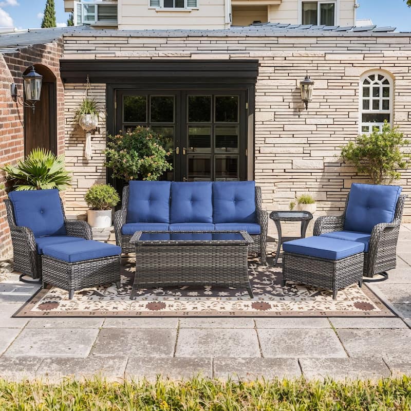 Pocassy Outdoor 7PCS 3-Seat Sofa Swivel Chairs Table Ottoman - Blue cushion - Gray Wicker