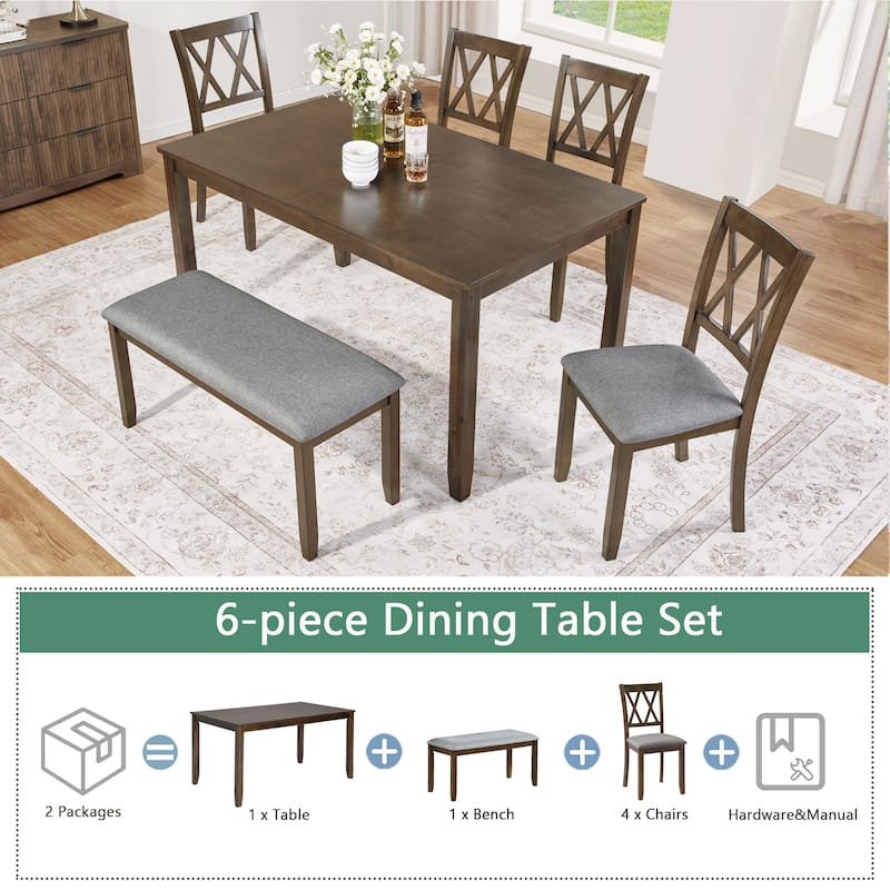 GDFStudio - Taverne 6-Piece Transitional Dining Table Set with 4 Upholstered Chairs and Bench