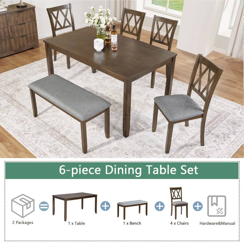 Modern Dining Table Set with 4 Chairs and 1 Bench, for Living Rooms Kitchens Dining Rooms, Walnut Wood Color, 6-Piece Set