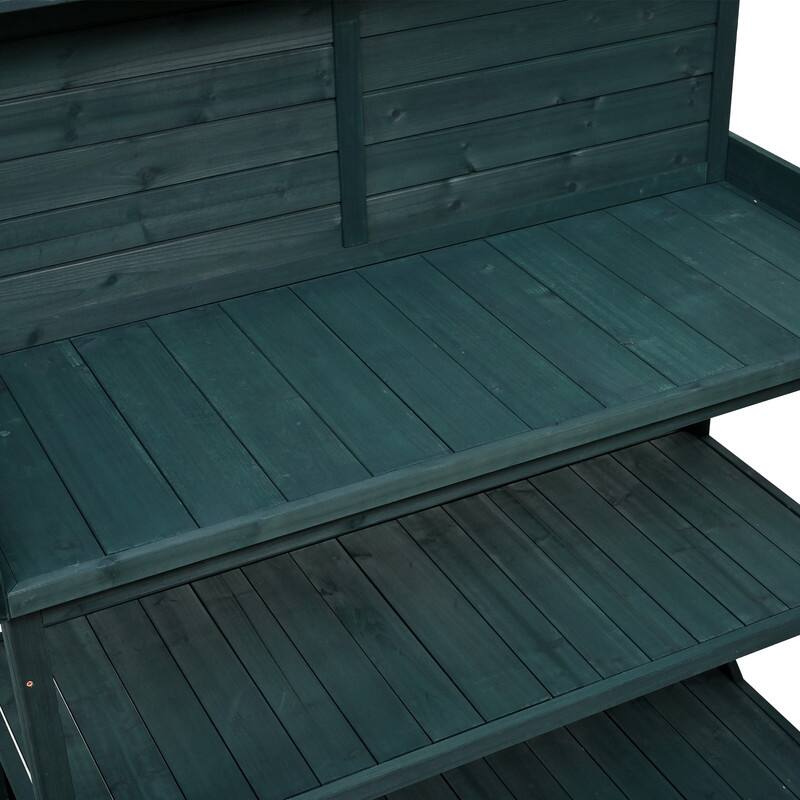 65" Large Wooden Farmhouse Rustic Outdoor Potting Bench Table, Patio Workstation with 4 Storage Shelves and Side Hook