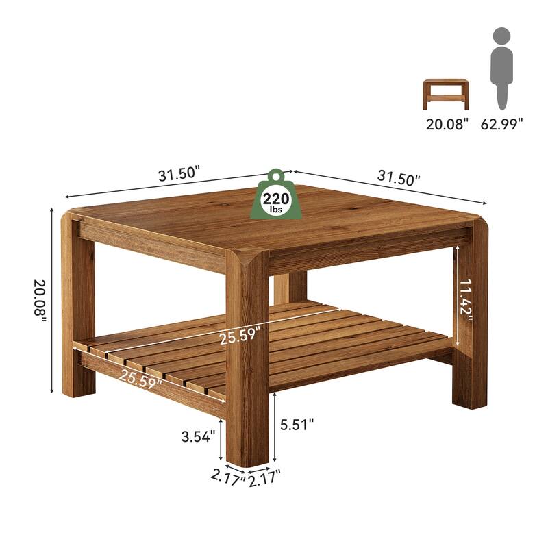 31.5" Solid Wood Coffee Table, 2-Tier Square Center Table