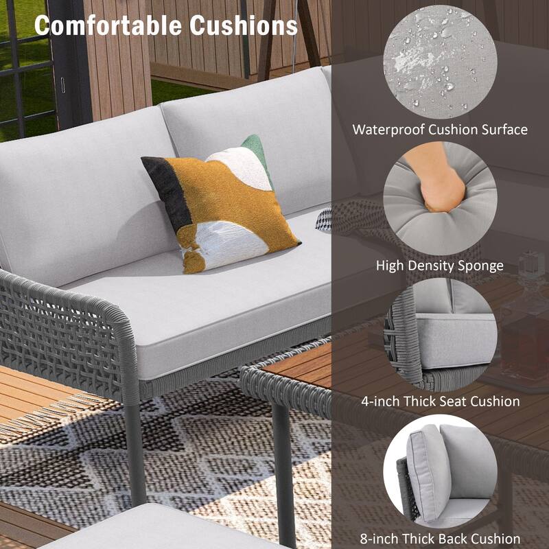 L-shape Outdoor Sectional Sofa Set 6-Piece Rope Patio Furniture Couch with Storage Coffee Table, Stools and Bench
