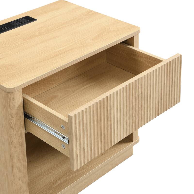 Modern Bedside Table with Charging Station and Storage Drawer