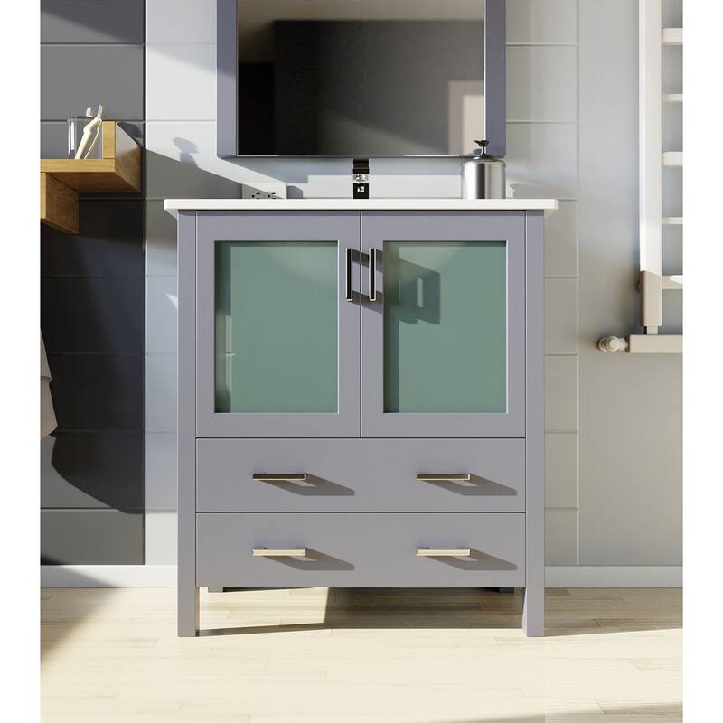 Bathroom Vanity with Ceramic Top, 28" x 32" Mirror, Soft Close Cabinet & Drawers, Scratch & Stain Resistant