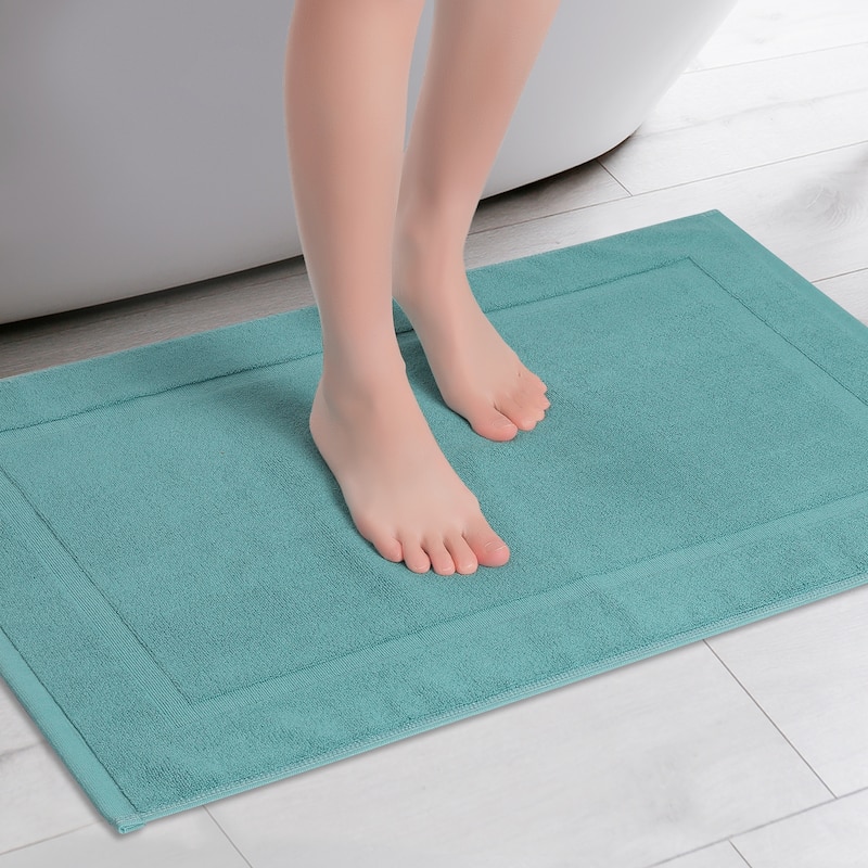 Towel Cotton Banded Bath Mat, Reversible Step Out Soft Plush Bath Rug Absorbent Rug for Hotel Spa Bathtub Mat - Blue - 20" x 32"