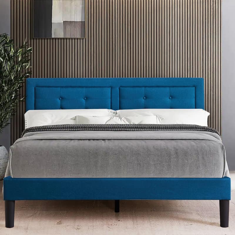 Modern Upholstered Platform Bed Frames with Adjustable Headboard,Blue Beds - Blue - Queen