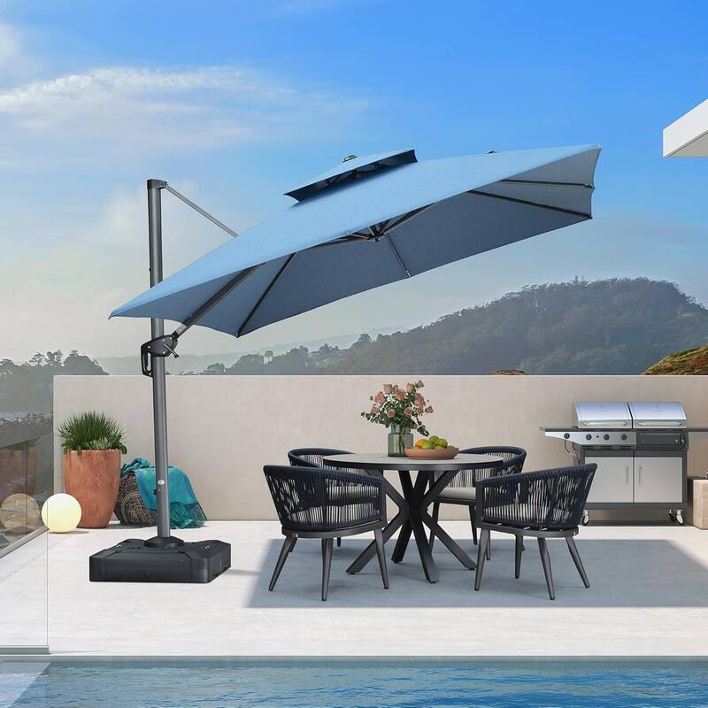 PURPLE LEAF 10/12 ft Square Heavy Duty Large Offset Hanging 360°Rotation Patio Cantilever Umbrella with Base - Denim Blue/10ft