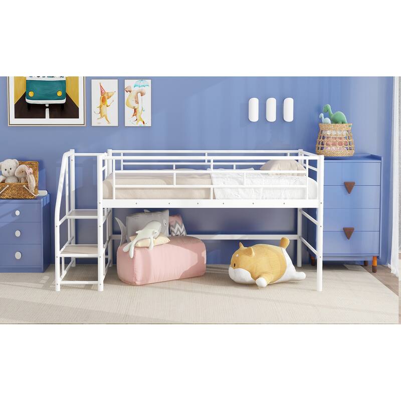 Twin Metal Mid Loft Bed with Storage Stairs