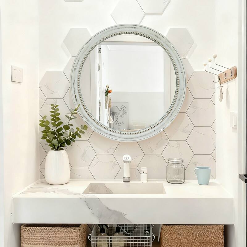 Round Distressed White Wood Beaded Wall Mirror - Natural Wood