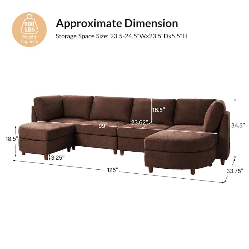 Mattia 125" Modern Under-seat Storage Sectional Sofa with Round Table and Solid Wood Legs by HULALA HOME