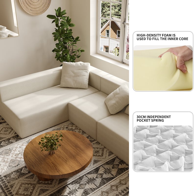 Corduroy Chaise Sectional Couch Convertible into Sleeper Sofa Bed, Deep Seating Modular Compression Sofa for Living Room