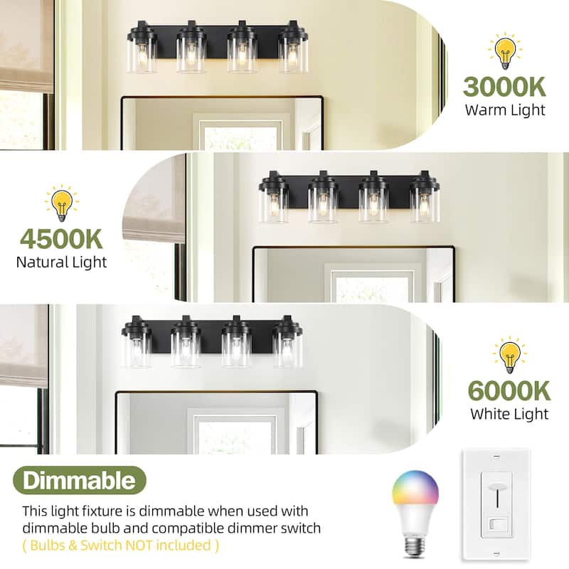 4 Light Bathroom Vanity Light, Matte Black Bathroom Light Fixtures with Clear Glass Shade, Vanity Light Fixtures Over Mirror