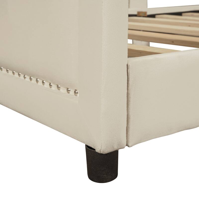 Twin Size Upholstered Daybed with Classic Stripe Headboard in Beige