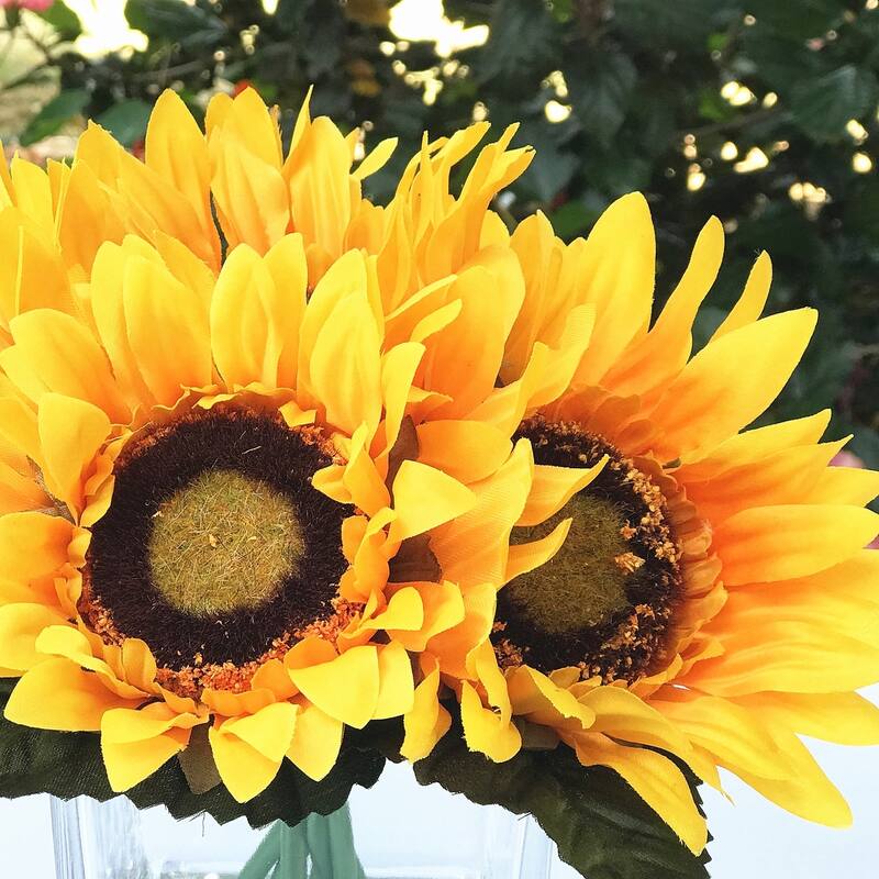 Enova Home Artificial 6 Heads Silk Sunflowers Fake Flowers Arrangement in Clear Glass Vase with Faux Water - Yellow