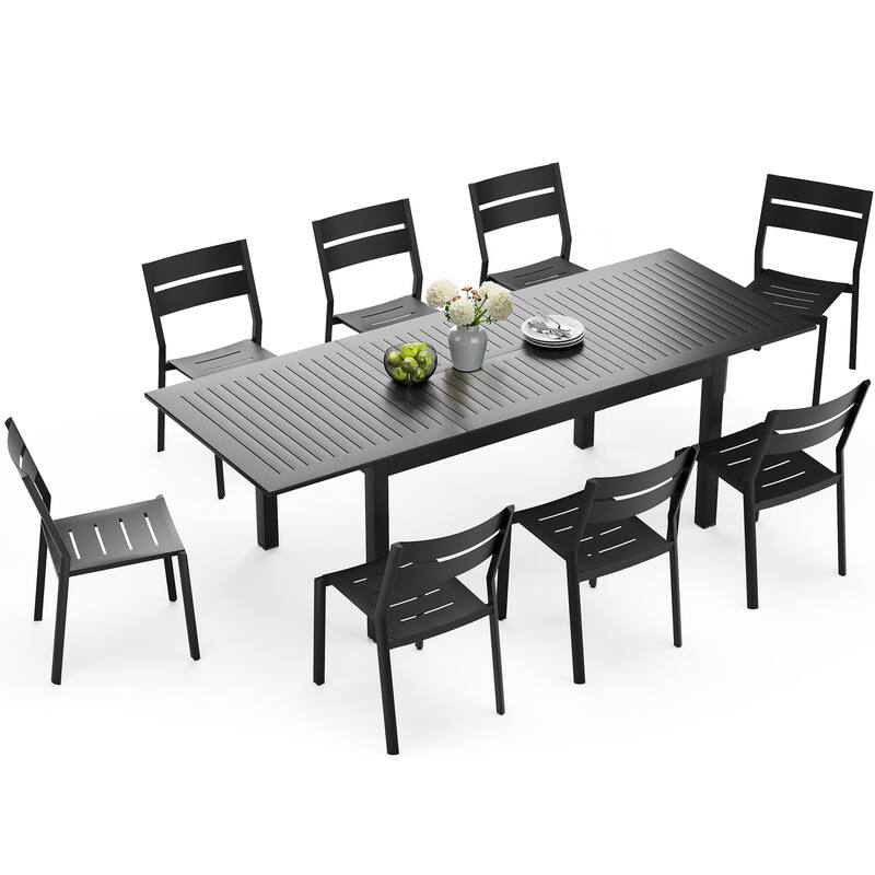 9-Piece Outdoor Aluminum Patio Expandable Dining Table Set with Stackable Chairs - Black with armless chairs
