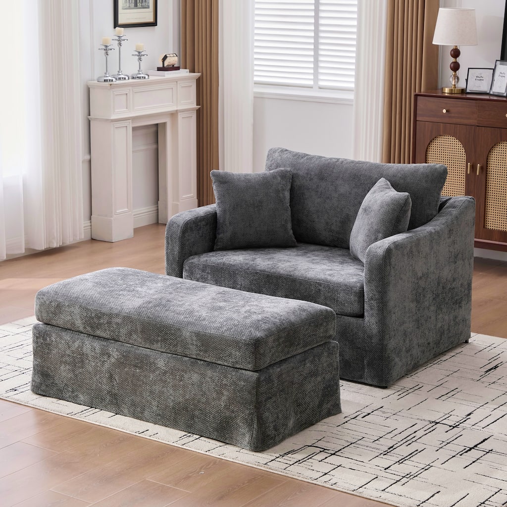 Morden Accent Chair with Ottoman, Chenille Living Room Side Chair, Single Sofa Armchair with Bolster Pillows